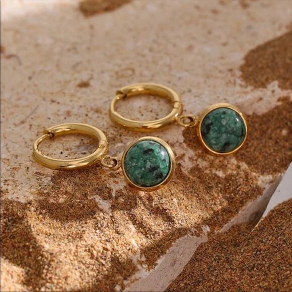 #43 NEW Natural Turquoise Dangle 18k Gold Hoop Earrings - Picture 1 of 9